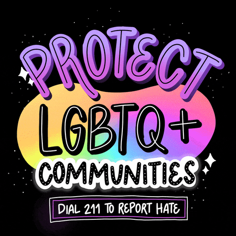 Digital art gif. Big, bubble letters in purple and black backed by a rainbow oblong shape spell out "Protect L-G-B-T-Q-plus communities." Under those words in a box is the phrase "Dial two-one-one to report hate."