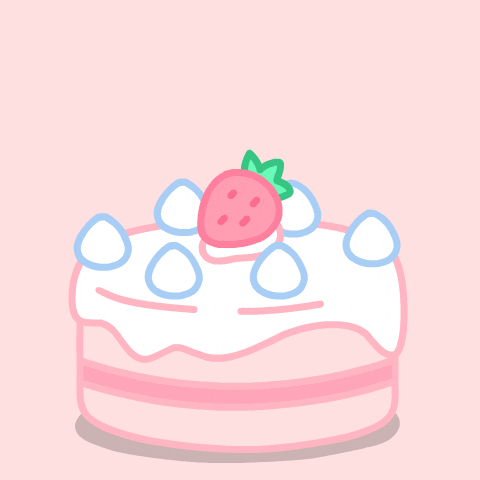 Digital illustration gif. Strawberry-topped cake with a yellow character popping out from under the strawberry waves its arms and blows a pink party horn from left to right as confetti bursts out all around it. Surprise! 