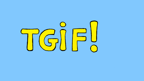 Illustrated gif. A bunny pops up from the bottom with their paws raised and is clearly ecstatic. They run away out of frame and the text reads, "TGIF!"