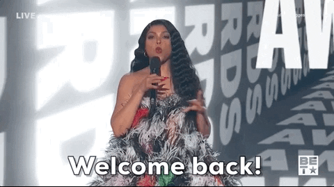 Celebrity gif. Actress Taraji P. Henson in a fluffy gown welcomes viewers back to BET after a commercial break!"