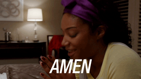 Movie gif. Tiffany Haddish as Dina in Girls Trip smiles as she kneels in prayer before bed with her palms together in a beautiful purple silk headband. Text. "Amen."