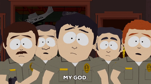 South Park gif. Crowd of sheriff's deputies look concerned as an officer at the front says, "My God."