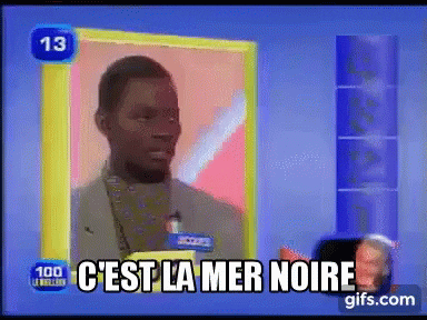 TV gif. A French game show contestant hesitantly answers "C'est la mer noire."