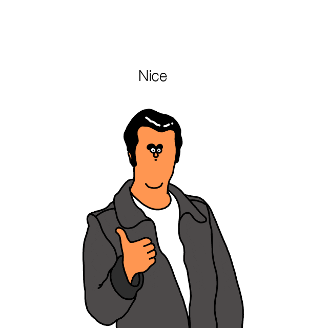 Digital art gif. A cartoon version of Fonzie from Happy Days looks at us blinking with facial features both too small and close together and gives a thumbs up. Text, "Nice."