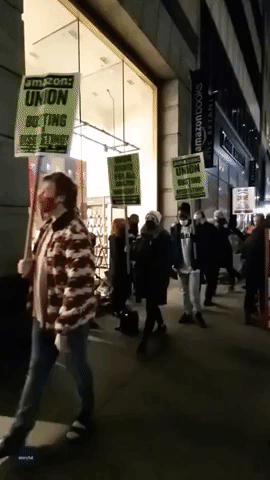 Union Demonstration Held Outside Amazon New York Corporate Offices on Jeff Bezos's Birthday