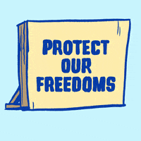 Illustrated gif. Butter-yellow panel wall reading, "Protect our freedoms," flips over, and turns into a ballot box that reads, "Count every ballot."