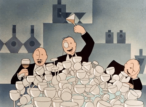 Cartoon gif. Bald, bowtied businessmen raise their glasses and sing animatedly at a bar, which is piled high with empty glasses.