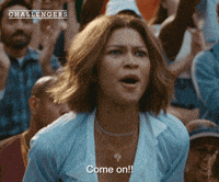 Movie gif. A shot from the movie "Challengers." Tashi Donaldson is standing in front of a crowd of cheering people. She yells, "Come on!" with extreme anger. 