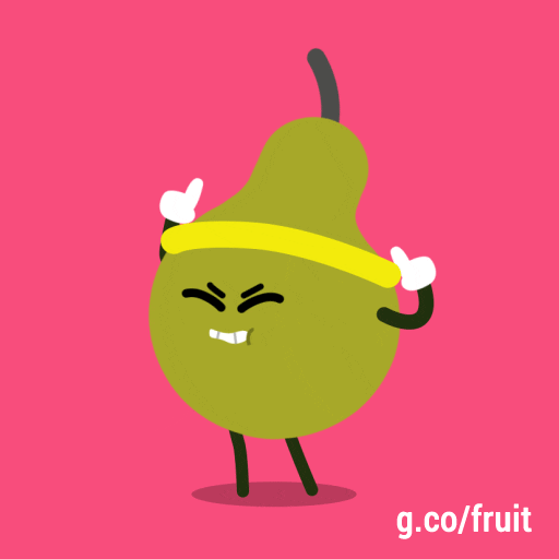 Cartoon gif. A dancing pear wears a sweatband and bites its bottom lip as if in intense excitement. 