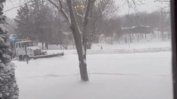 Snowplow Clears Road in Minneapolis Suburb as Dog Looks On