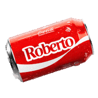 Sponsored gif. A red can of Coca-Cola with the name "Roberto" spins horizontally. 