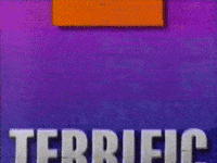 Text gif. Silver block letters reading, "Terrific Tuesday" shrink while moving upwards. A vibrant orange square slides through the bold purple background, passing behind the text.