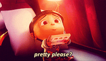 Movie gif. Agnes from Despicable Me sits in bed, holding up her bedtime book with pleading puppy dog eyes, asking to be read to. Text. "pretty please?"