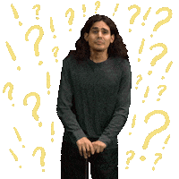 Video gif. Man leans on a cane as he bends forward with an exasperated expression and says, "O M G," which appears as text floating out of his mouth. Pastel yellow question marks and exclamation points quiver in the transparent background around him.