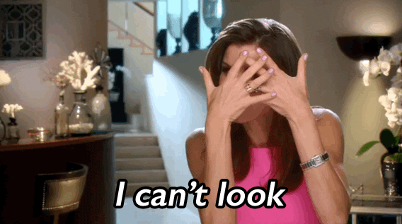 Reality TV gif. Heather Dubrow from Real Housewives of Orange County is being interviewed and she covers her face with her hands and says, "I can't look."
