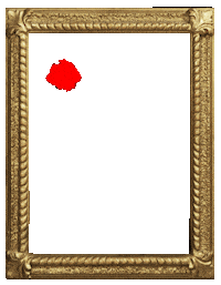 Sponsored sticker gif. Red X slashes through the center of an empty gold frame.