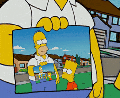 The Simpsons gif. Homer and Bart stand outside in the neighborhood. Homer looks annoyed at Bart and holds out a photo showing this same scene, recursively zooming into the photo to reveal the same scene.