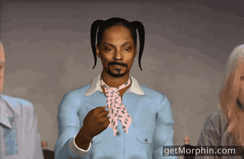 Video gif. A computer generated 3D version of Snoop Dogg tosses gold confetti in the air with a sort of smug smirk on his face. 