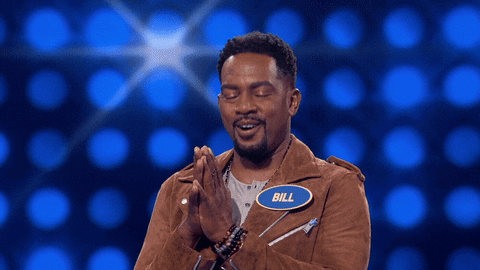 TV gif. Contestant Bill on Family Feud presses his palms together and bows his head in prayer. 