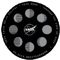 Sticker gif. Black circle with gray-scale depictions of the phases of the moon circling the Nasa logo bobbles like Jell-o. Text, '2024 total solar eclipse, Team Moon, Through the eyes of NASA, Go dot NASA dot gov forward slash team moon.'