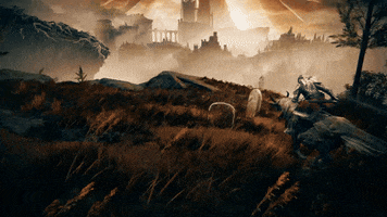 Video game gif. From the Shadow of the Erdtree DLC for Elden Ring, we see a foggy landscape with a castle in the distance. A knight riding a horse gallops towards the edge of the cliff and stops abrupting and we pan up to see the tree-like sky, which looks ominous and enormous.