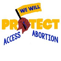 Text gif. Brown hand with blue fingernails in front of transparent background waves a yellow flag up and down that reads, “We will,” followed by the text, “Protect access to abortion. Alaska.”