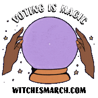 Illustrated gif. Hand around a lavender crystal ball, stars all around, under the text, "Voting is magic," a message appearing within reads, "Make a voting guide, Host a voting coven, Pass out voting zines."