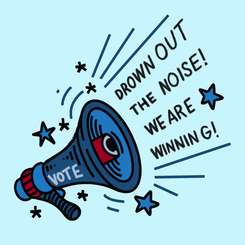 Illustrated gif. Blue and red bullhorn flexes with noise, surrounded by action marks asterisks and stars to amplify its volume. Text, "Drown out the noise, We are winning!"