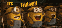 Despicable Me gif. Three minions celebrate together as they cheer excitedly. Text darts above their yellow heads, "It's Friday!"