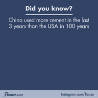 Text gif. An animated Statue of Liberty materializes with the text, "4.5 Gigatons (1901-2000)" alongside a tall, pointed structure with the text, "6.6 Gigatons (2011-2013)." The State of Liberty drops its mouth in surprise. Text, "Did you know? China used more cement in the last 3 years than the USA in 100 years."