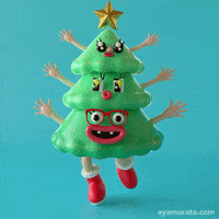 Digital art gif. A christmas tree with three different faces stacked on top of each other and three arms that are up in the air dances around, doing a little shuffle with its feet. 