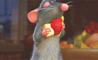 Movie gif. Remy the rat from Ratatouille, eyes closed in ecstasy, holds a chunk of cheese in one paw, and a strawberry in the other. He lifts both toward his mouth and bites them at the same time. The background fades to black as fireworks of flavor explode around him.