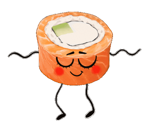 Sticker gif. Illustrated clump of rice, wearing sunglasses, fans out a thin slice of salmon like a towel at the beach, drops it, and then plops down next to a radio and beverage.