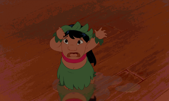 Disney gif. Lilo in Lilo and Stitch pulls at her hair then tosses her head back as she cries out.