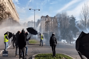 French Police Spray Pension-Reform Protesters With Water Cannon in Rennes