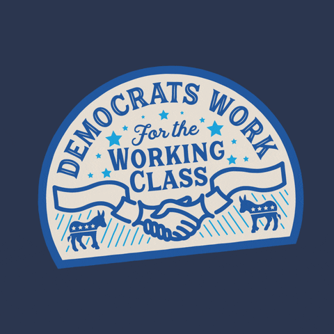 Digital art gif. Art inside an illustration of a half-circle sticker shows two ribbons morphing into two hands shaking each other in between two donkeys. Text inside the sticker reads, "Democrats work for the working class," all against a navy blue background.