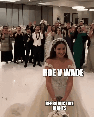 Meme gif. Bride in a white gown and veil throws her bouquet behind her head to a crowd of waiting people, when suddenly, a man hoists up another man in front of the crowd and intercepts the bouquet. The man runs away with the bouquet. The bride is labeled "Roe v Wade," the bouquet is labeled "reproductive rights," the man who grabs the bouquet is labeled "S-C-O-T-U-S," and the man who hoists the other man is labeled "G-O-P."