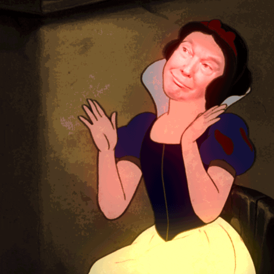 Digital art gif. Disney's Snow White, whose face is overlaid with Donald Trump making a goofy facial expression, sits and claps.