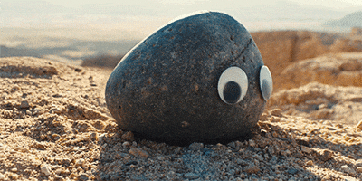 Movie gif. A scene from Everything Everywhere All At Once. One of the rocks with big googly eyes turns to face us. Even though the rock cannot emote, it does look like it’s surprised and confused. 