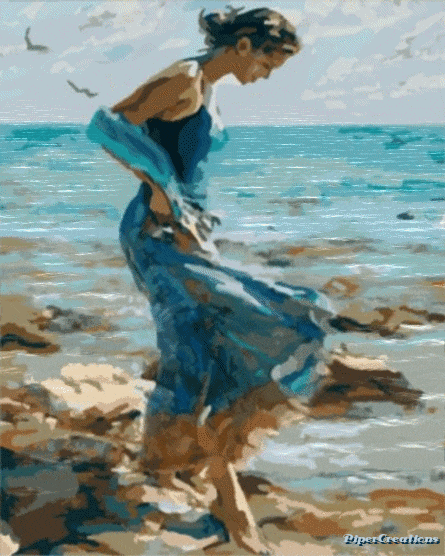 Pipercreations Oilpainting Art Woman Ocean Sea Barefoot Bluedress Pretty GIF