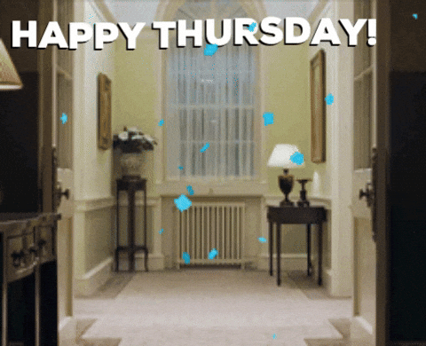 Movie gif. Hugh Grant as The Prime Minister in Love, Actually dances across a hallway, shimmying. The words "Happy Thursday" appear as text while blue animated confetti rains down.