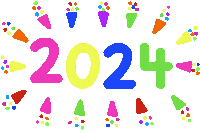 Sticker gif. Text, '2024' flashes in rainbow colors and party horns circle it.