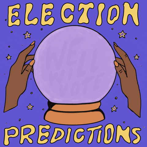 Digital art gif. Two hands reach out to a magic crystal ball surrounded by stars labeled “Election Predictions” against a blue background. Inside the crystal ball appears the message, “We will vote, we will win, they will be sore losers.”
