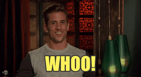 Reality TV gif. A man from the Bachelorette is hyped up and he whoops during his interview, yelling, "Woo!"