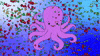 Cartoon gif. A smiling pink octopus bounces and sways, colorful confetti falling all around.