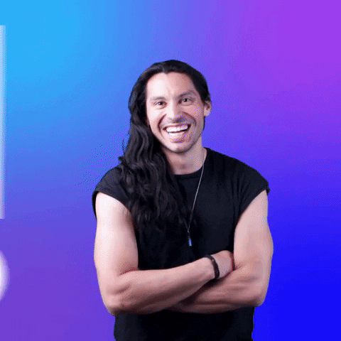 Video gif. Walter Menendez takes a step back and laughs, casually gesturing like he's giving you credit for saying something hilarious. Large block letter text flies by against a blue-purple gradient background, "Haha."