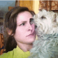Video gif. Woman holds a fluffy white dog, who appears to be asleep with its tongue hanging out along the side of the woman's nose.