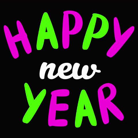 Text gif. Happy New Year text on a black background. The letters of the words "happy" and "year" alternate between light green and magenta.