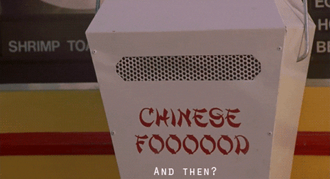 Movie gif. Ashton Kutcher as Jesse Montgomery in Dude Where’s My Car leans out of his car window to yell at a Chinese food drive thru speaker. The speaker says, “And then?” and Ashton yells, “No ‘and then’!”