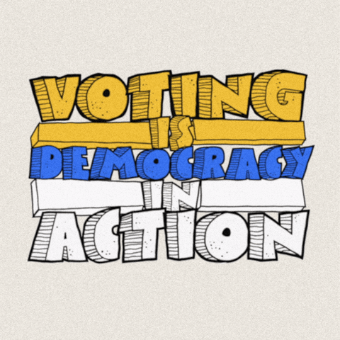 Text gif. Schoolhouse Rock-style block text in yellow blue and white, on an off-white background. Text, "Voting is democracy in action."